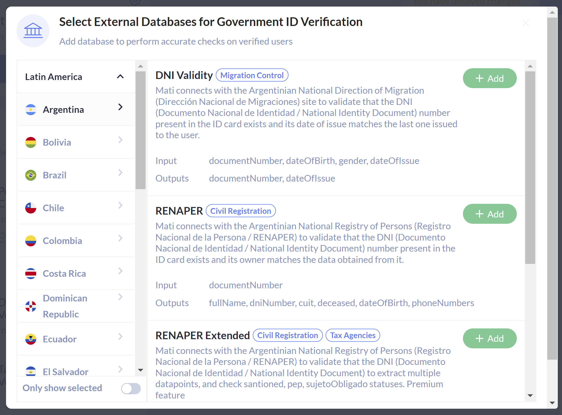 Gov ID Verification: left-hand panel shows a lit of available countries, right-hand panel shows available databases for that country.
