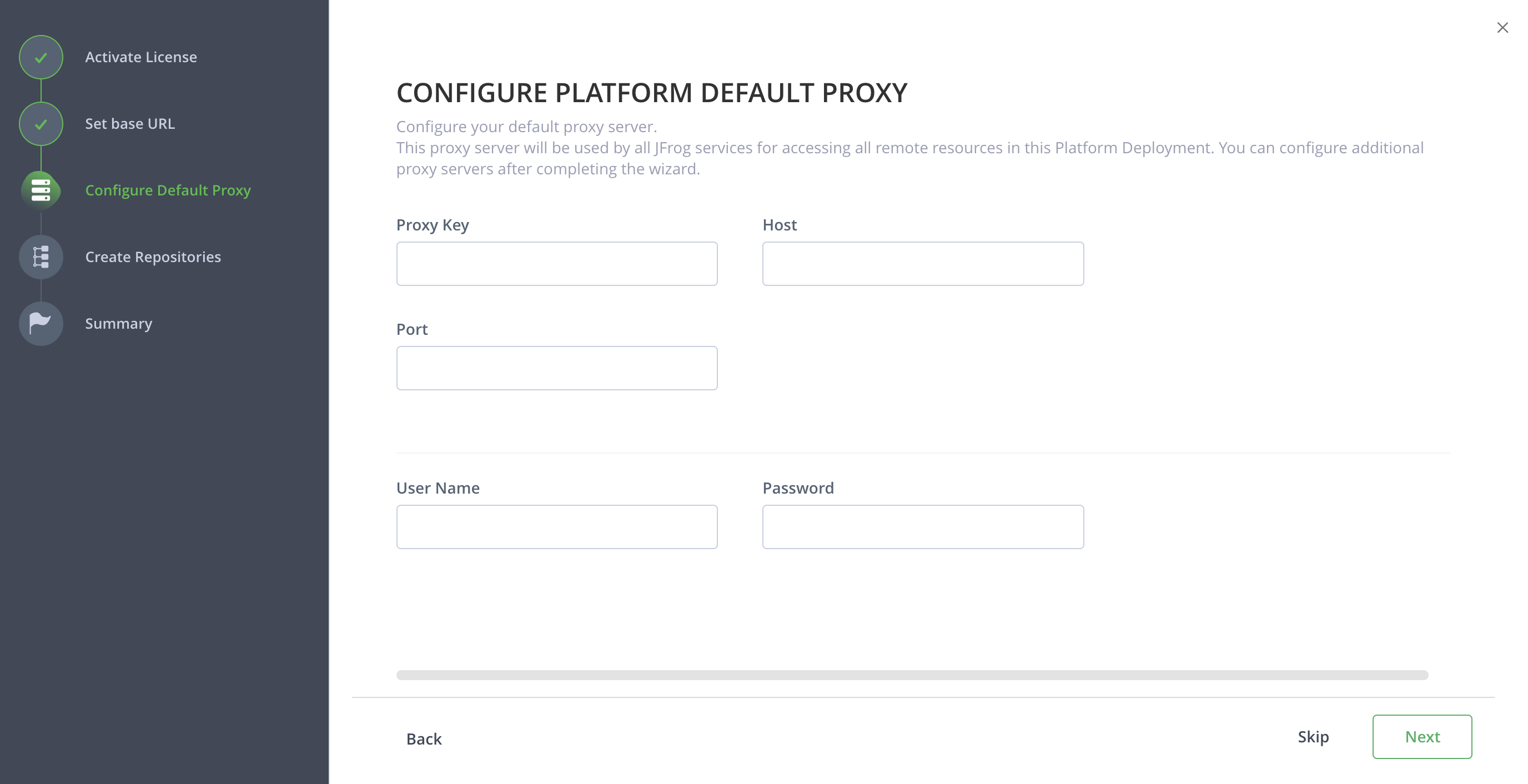 Onboarding wizard proxy configuration screen showing Proxy Key, Host, and Port fields