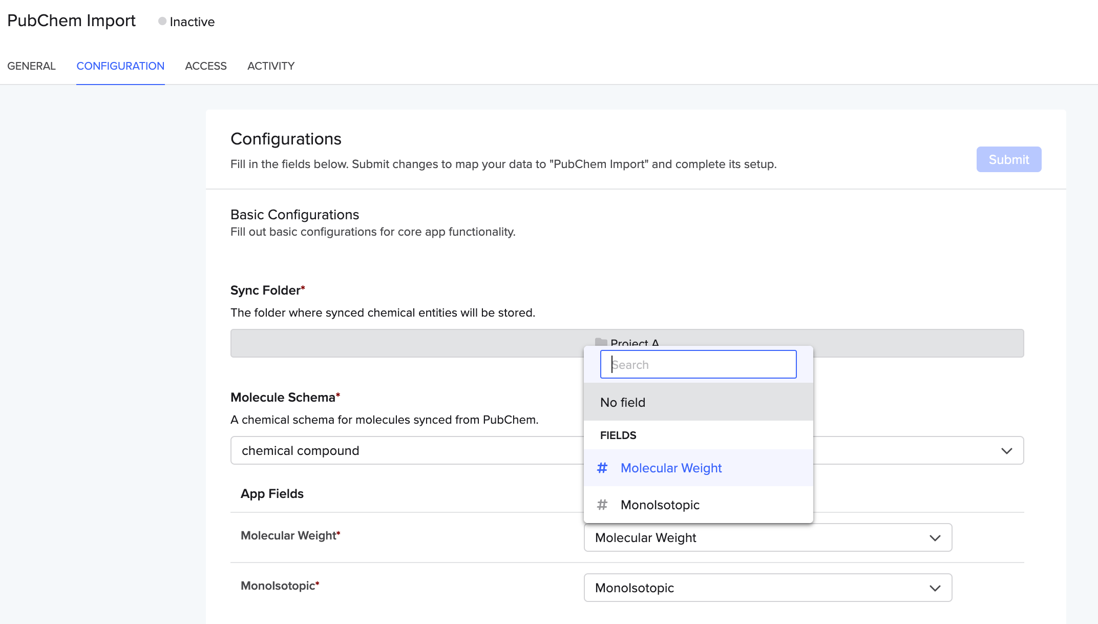 Selecting a schema to map to the "Molecule Schema" field provided through the app manifest.