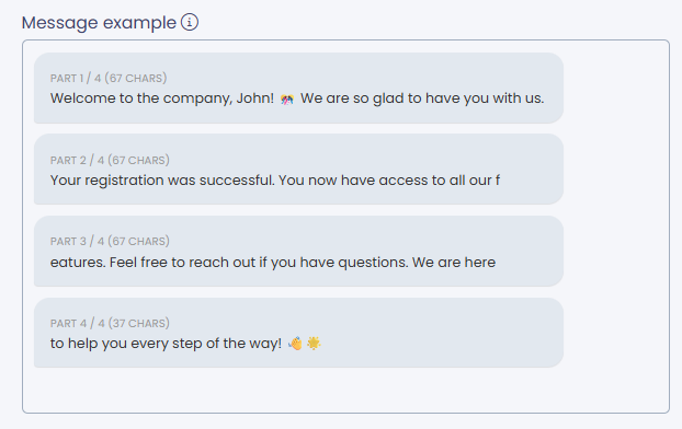 Screenshot of the message preview with Unicode standard with special characters