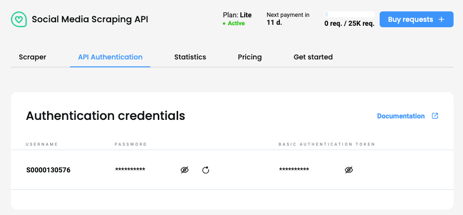 Smartproxy dashboard – the API Authentication section.