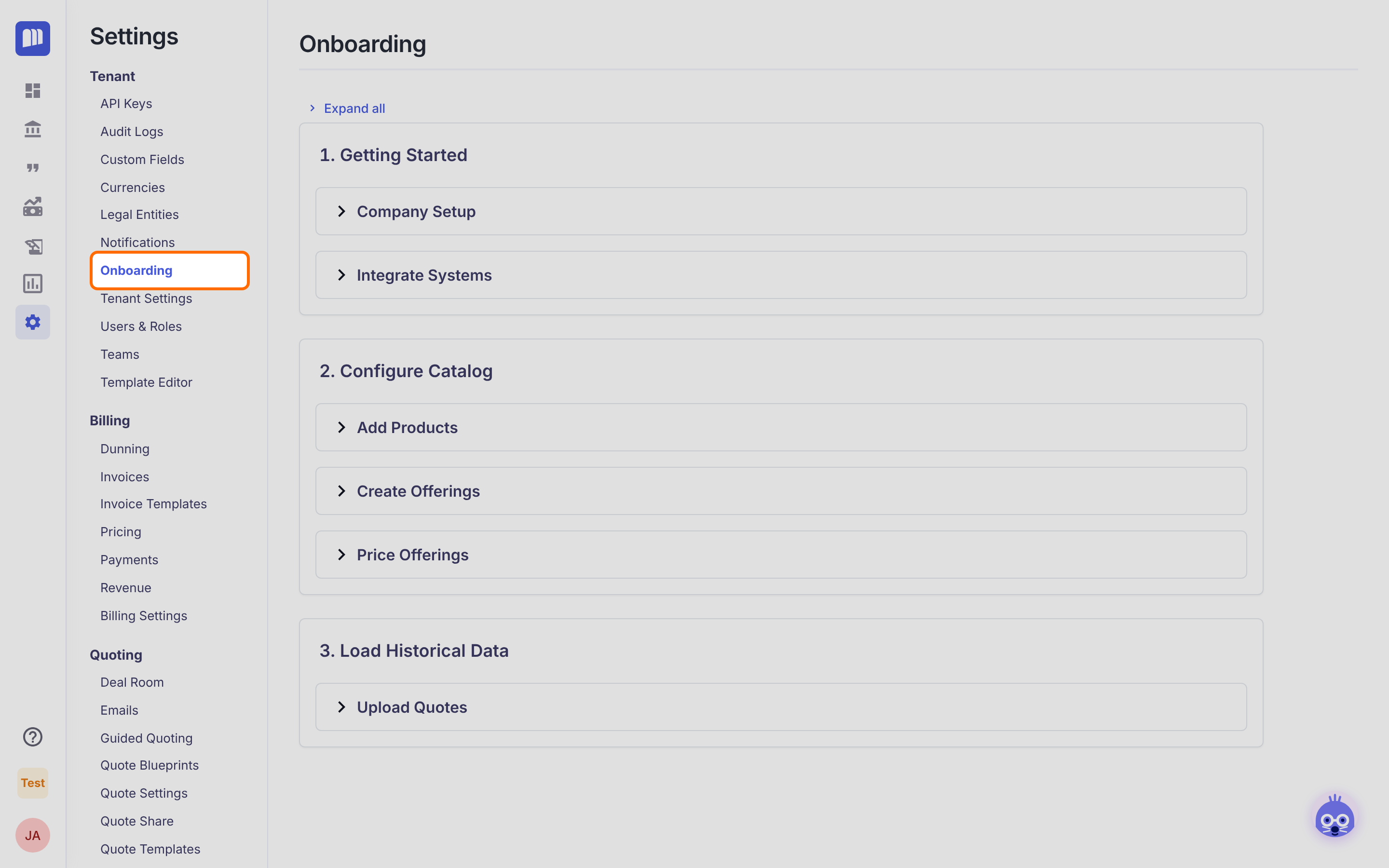 Onboarding highlighted in the Settings menu