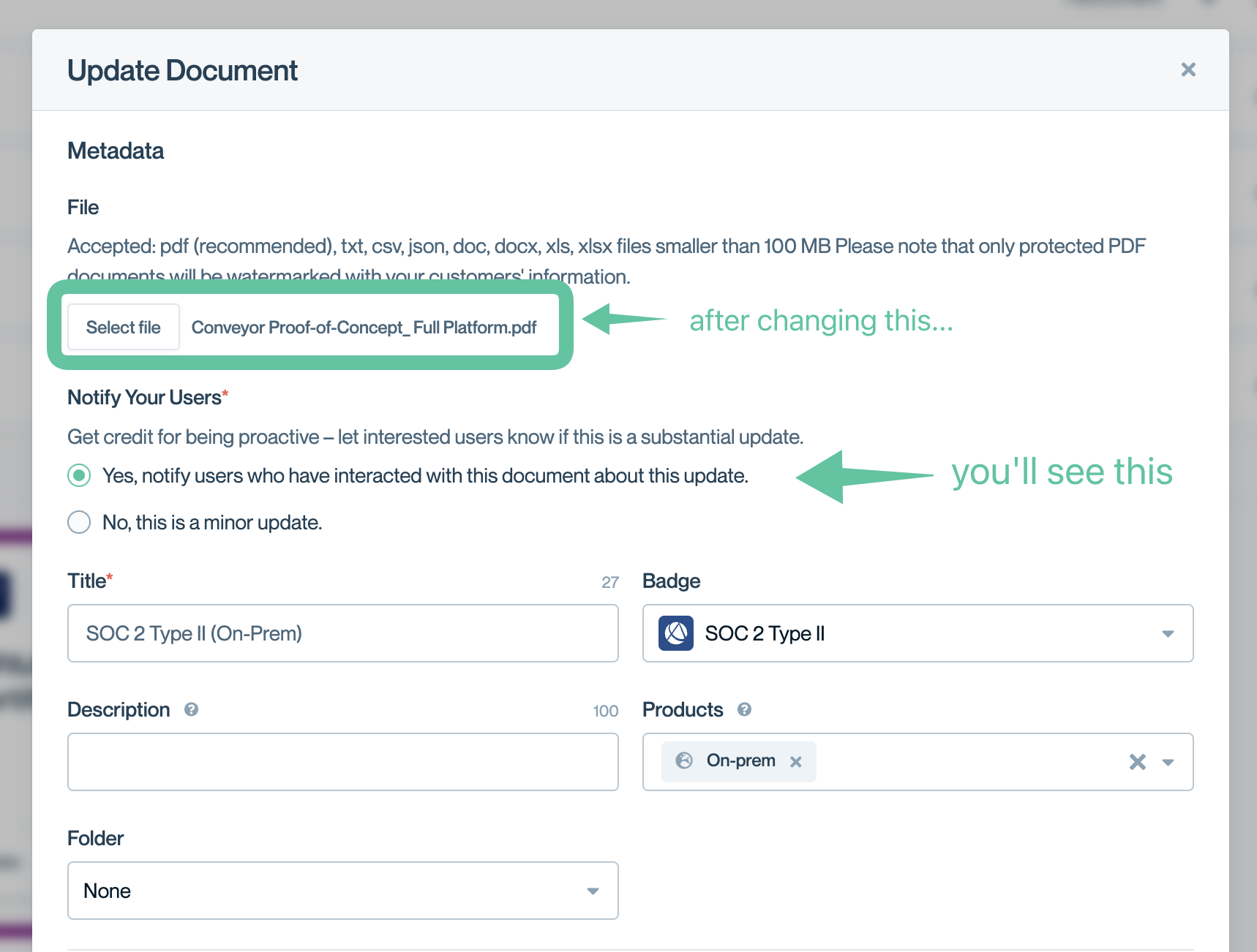 When updating the file associated with an existing document, you can choose to notify subscribers.