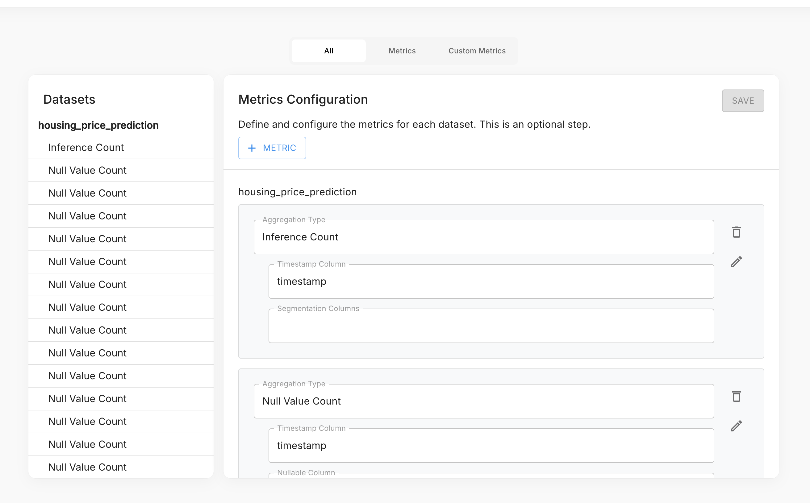 Metrics Configuration page