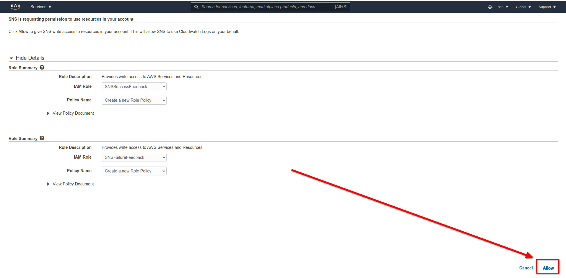 AWS SNS Console - Create new roles tab