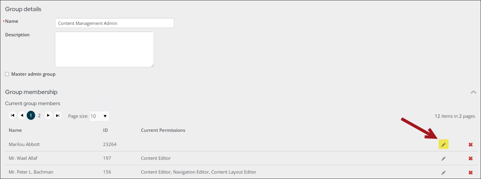 Clicking the edit icon to edit someone's permissions