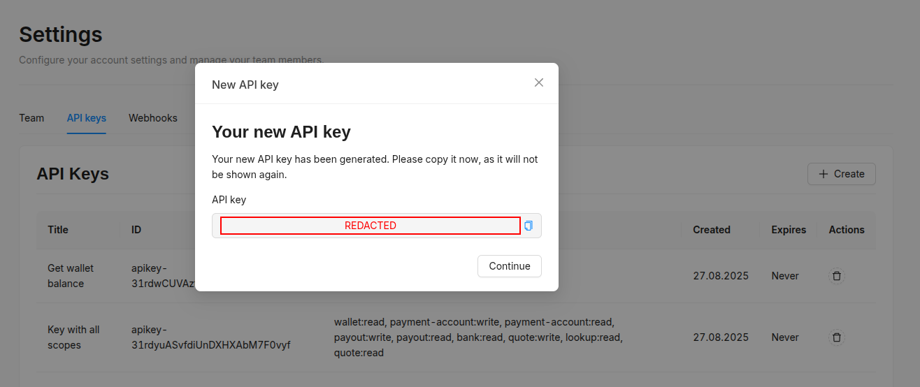 Generated API key Generated API key