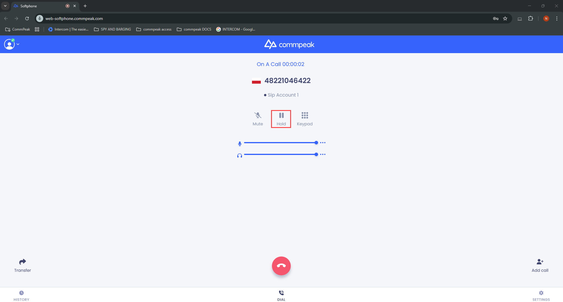 Screenshot of the Hold button