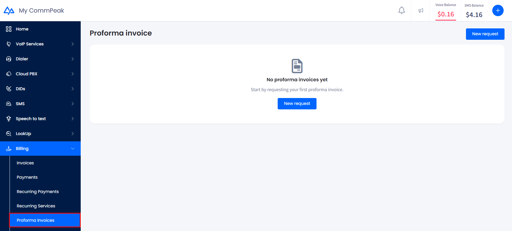 Screenshot of the Proforma Invoices page in My CommPeak with the request list and New Request button