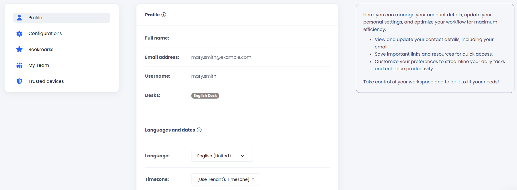 Screenshot of the Profile section