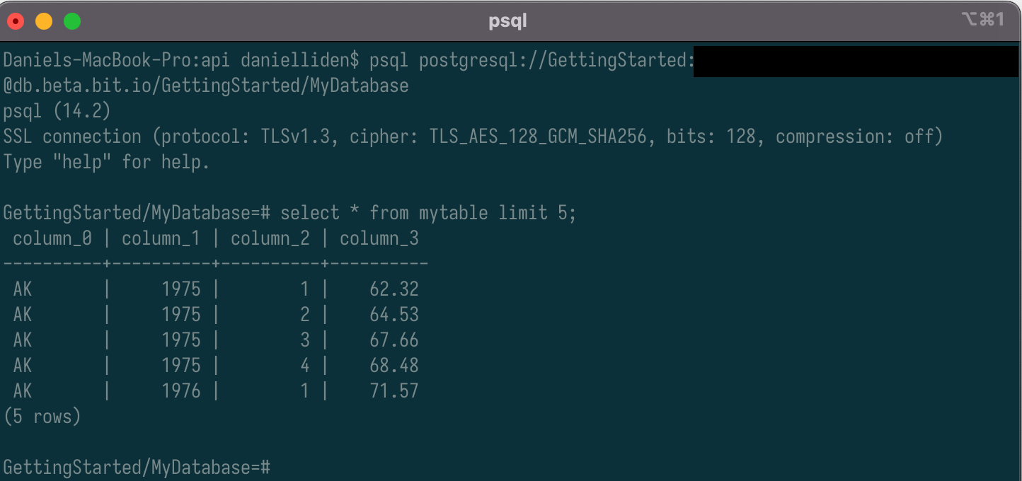 Use your connection string to connect with psql