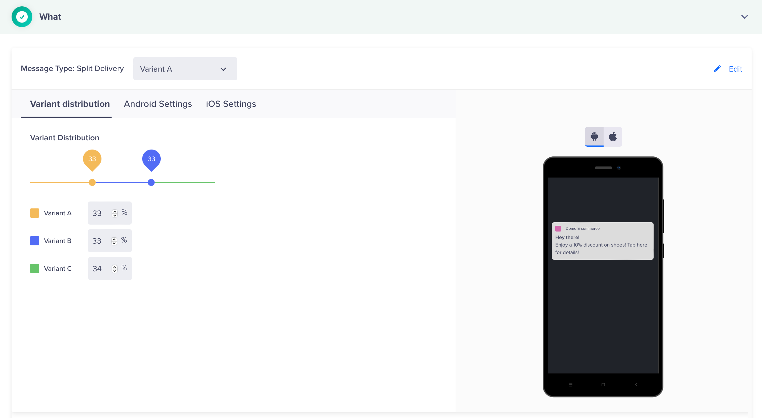 Screen shows split Delivery Variant Distribution and message preview