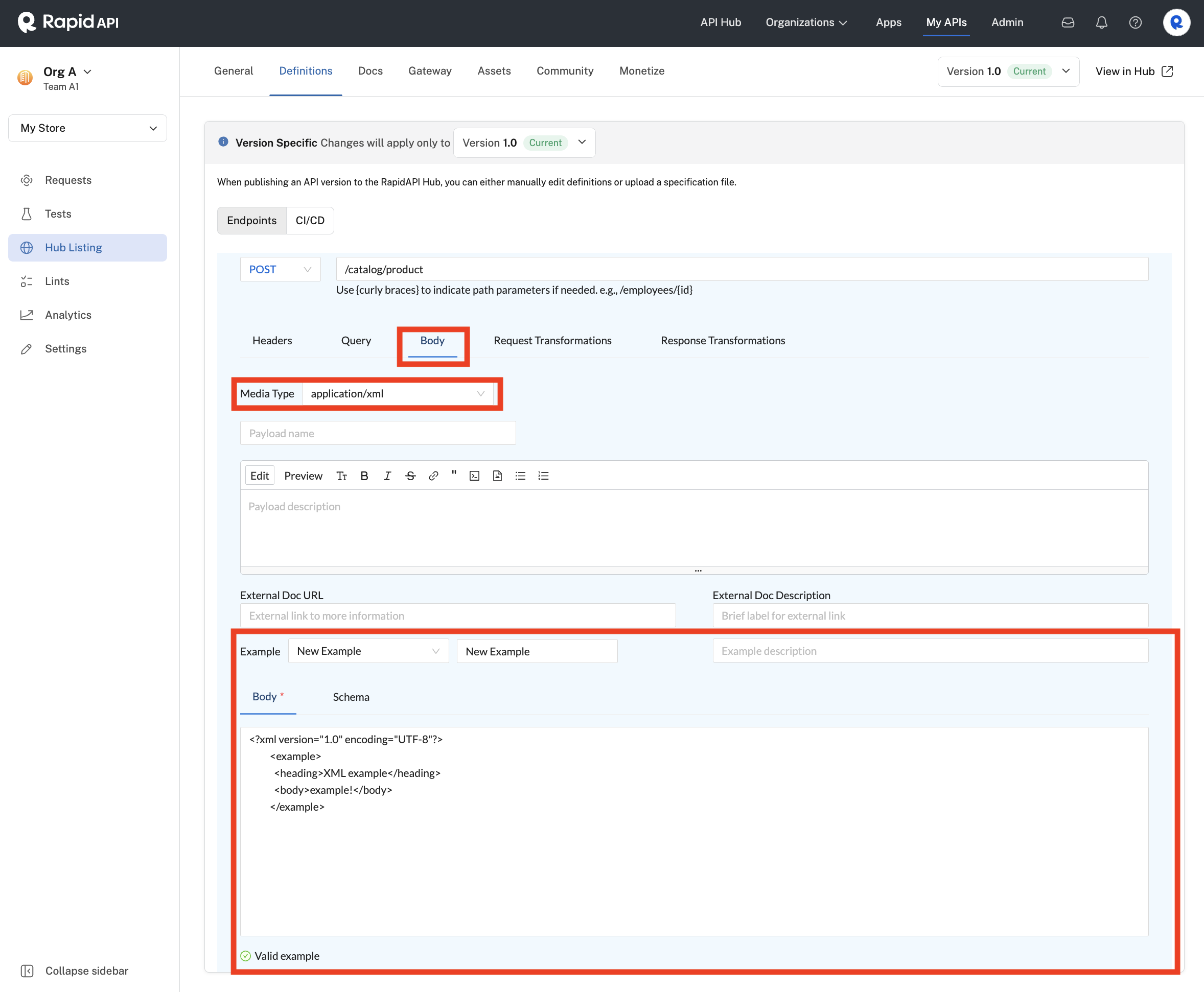 Specifying an application/xml body.