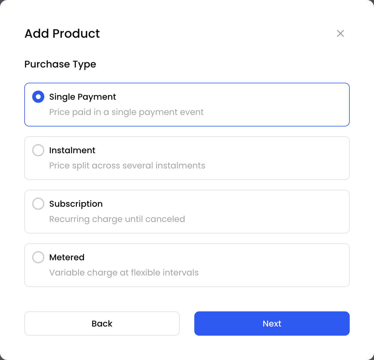 The Purchase Type step with four types