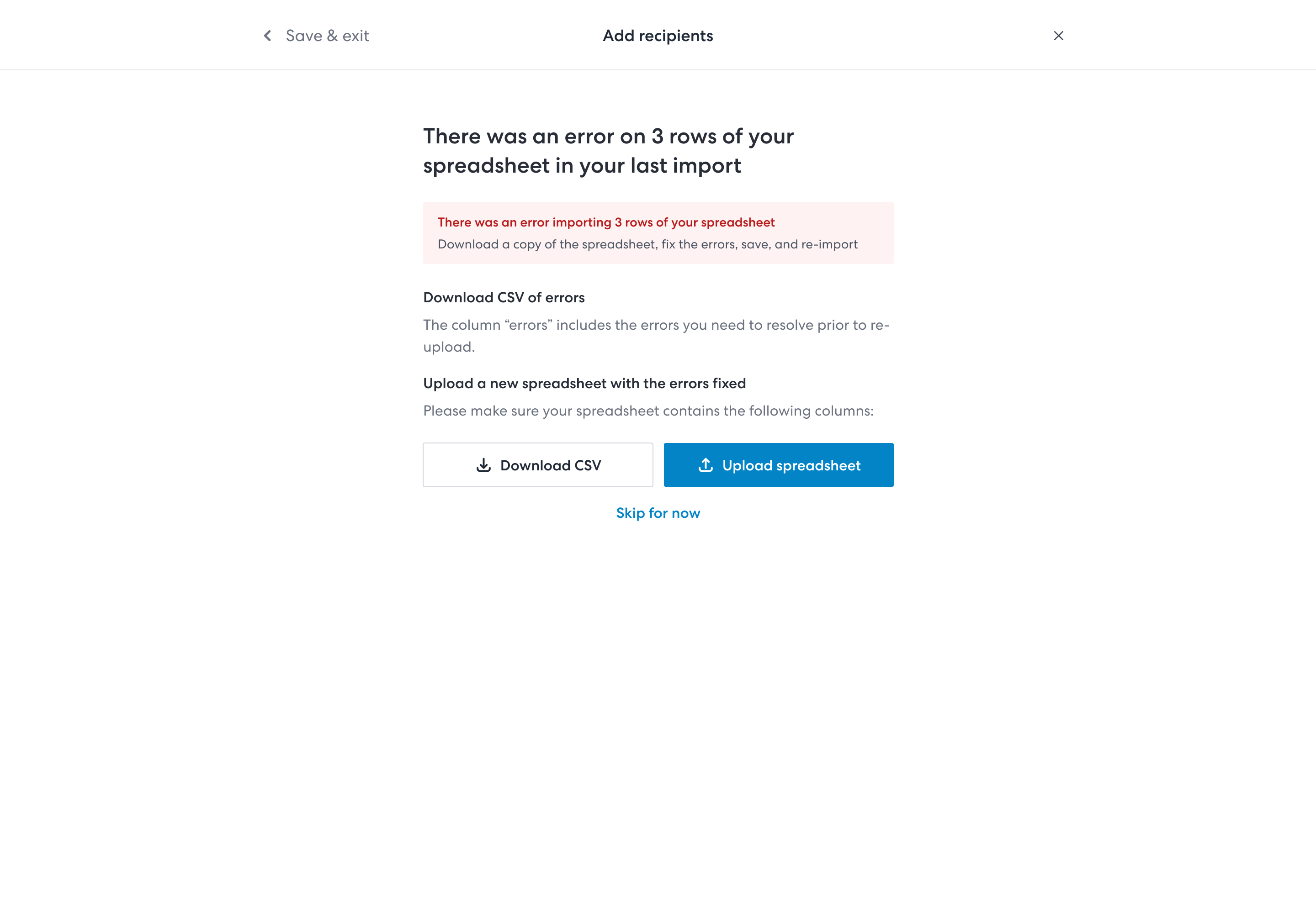 Screenshot of error CSV download when adding recipients