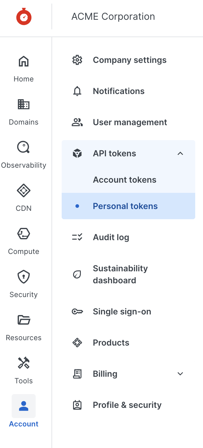 In Fastly, navigate to Account, then Personal tokens.