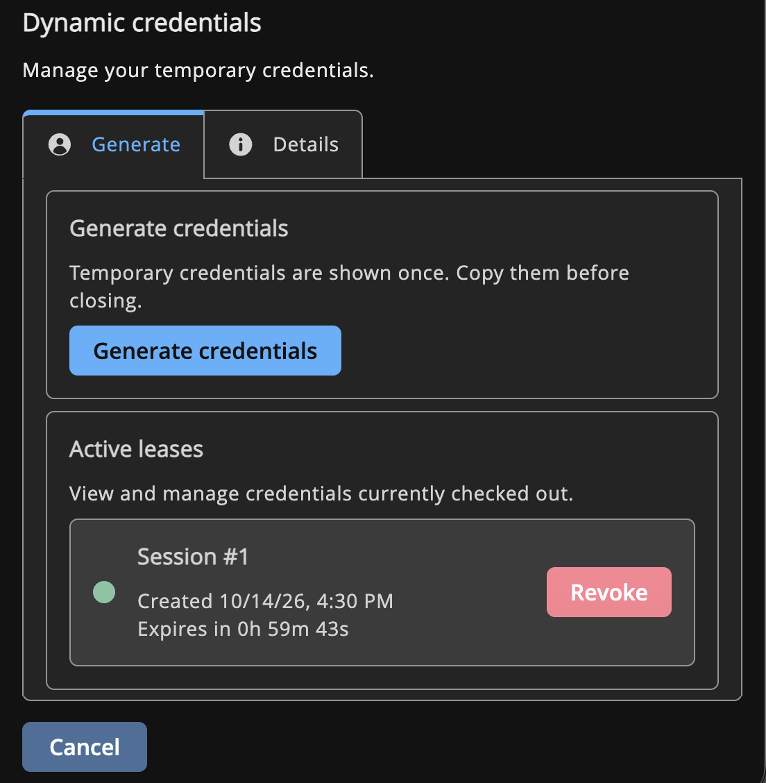 Dynamic Credentials Generate tab showing an active lease with its creation time, expiry countdown, and Revoke button.