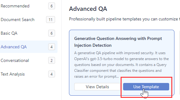 A highlighted template of a RAG pipeline that detects prompt injection with the Use Template button highlighted.