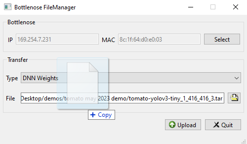 Bottlenose utility with a weights file been dropped for upload.