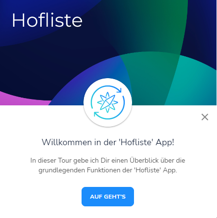 Start eines Übersichtsguides innerhalb der Hofliste App