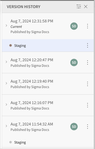 Version history showing a collapsed list of individual versions. The previously tagged version has a gray dot next to the Staging tag, while the currently tagged version has a brown dot, the color of the version tag, next to the Staging tag.