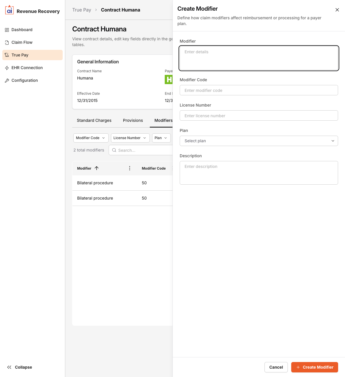 Create Modifier form showing the Modifier, Modifier Code, License Number, Plan, and Description fields