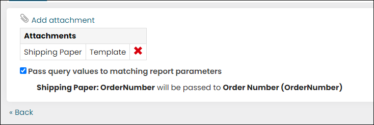 Communication template with Shipping paper attachment and Pass query values to matching report parameters enabled.