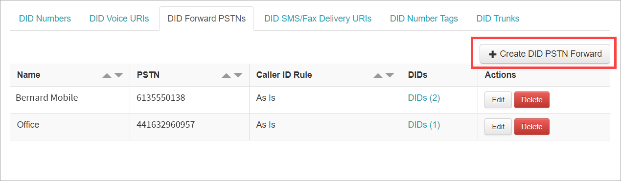 Screenshot of the **+ Create DID PSTN Forward** option