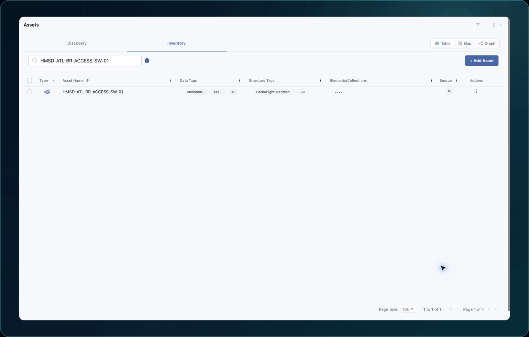 Asset Inventory table narrowed to one example record with search, view controls, tags, source, and row actions.