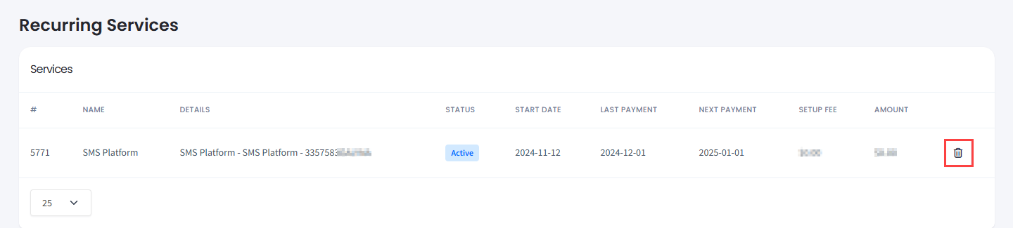 Screenshot of deleting the service record
