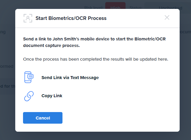 Start Biometrics/OCR Process modal.