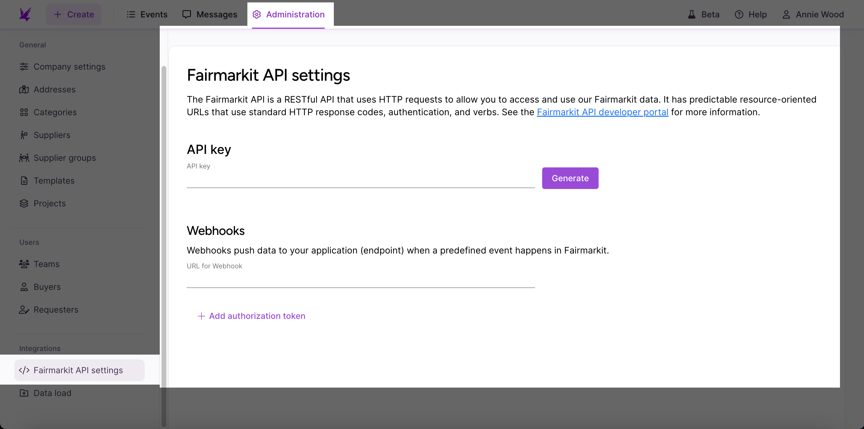 Fairmarkit API Settings