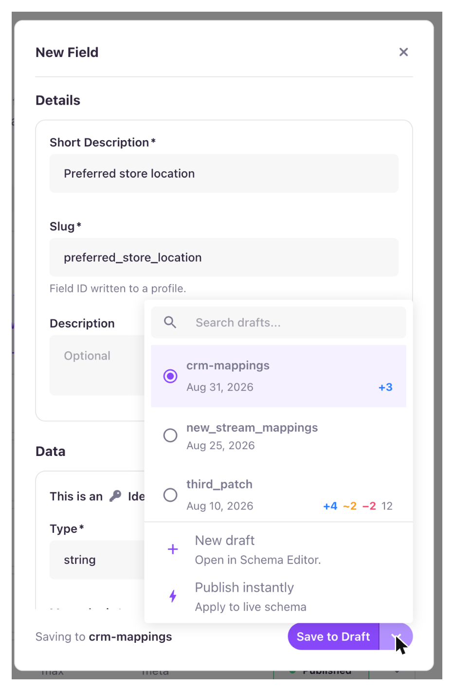 The New Field drawer footer with the Save to Draft split button