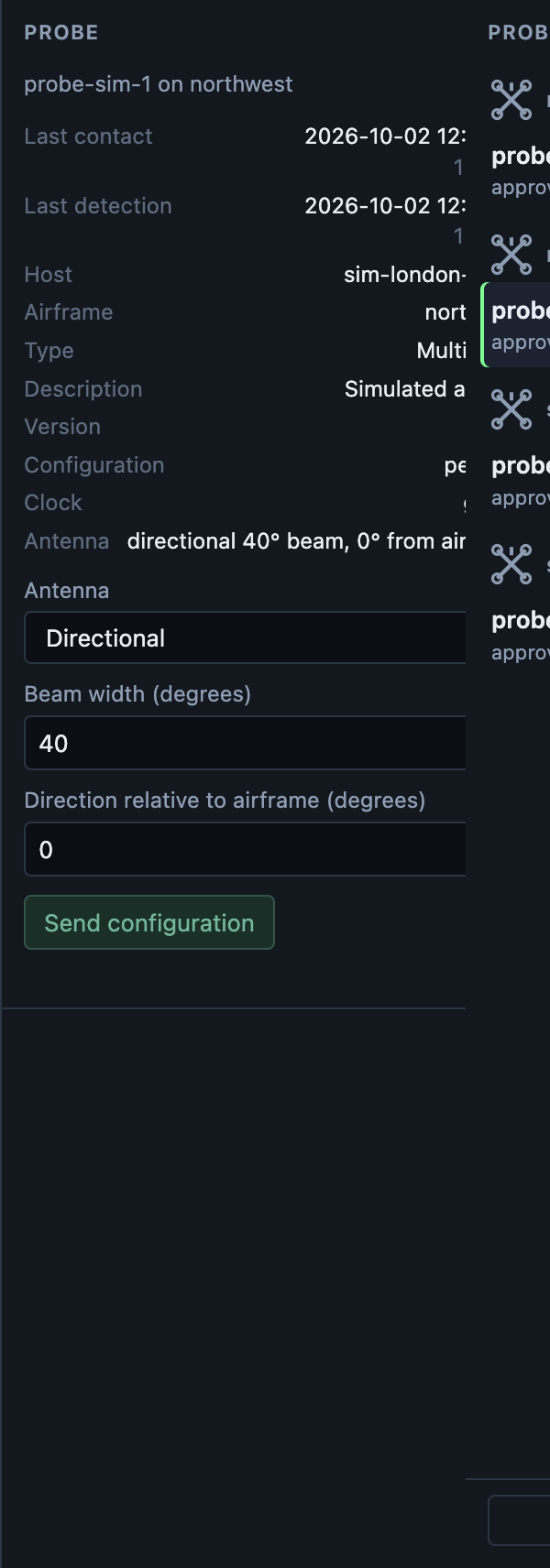 The probe pane for a selected probe, with the antenna controls.