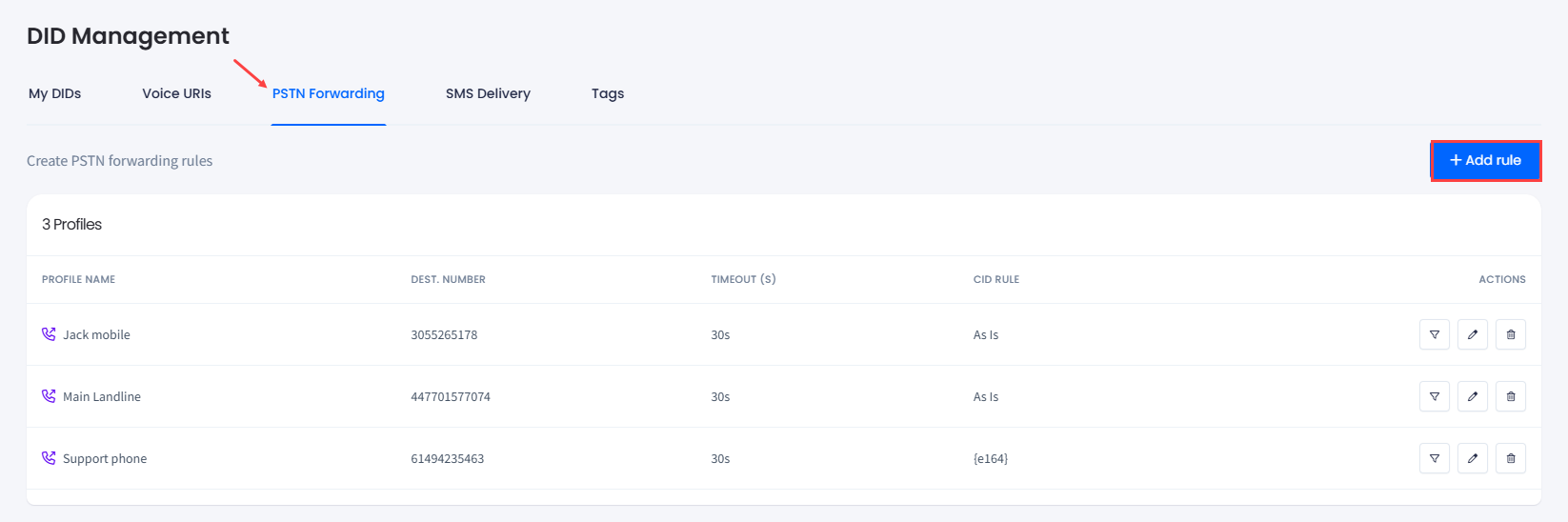 Screenshot of the PSTN Forwarding tab