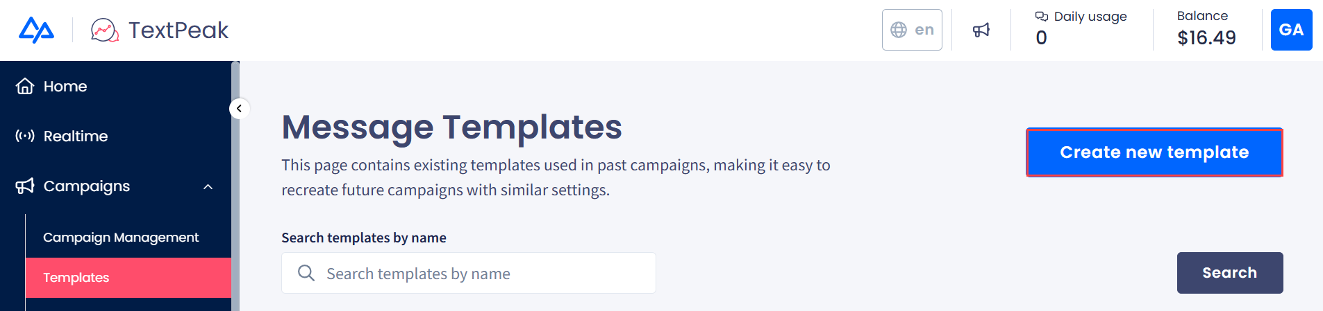 Screenshot of Campaigns > Templates tab