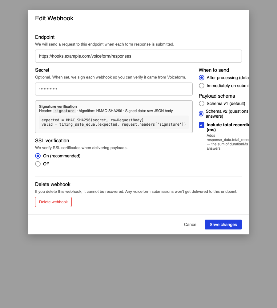 Edit Webhook dialog
