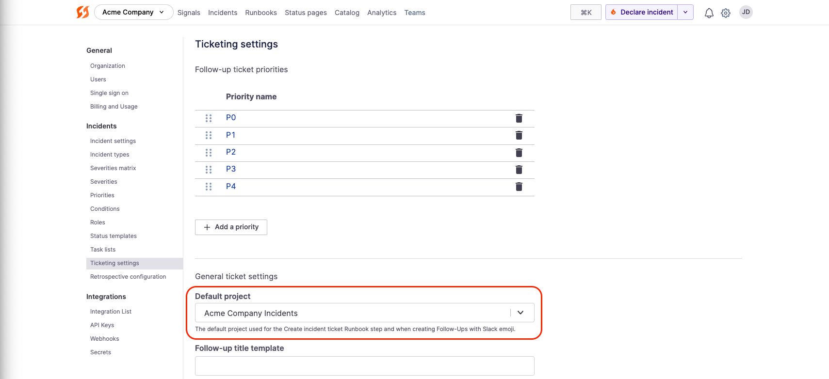 Setting a default project in ticketing settings