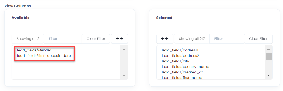 Screenshot of viewing columns in user roles