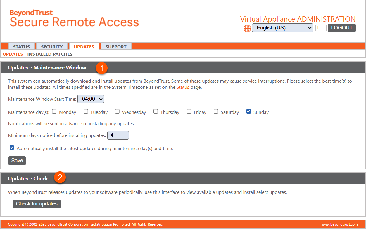 BeyondTrust Secure Remote Access interface showing the 'Updates' tab under Virtual Appliance Administration. The page includes a button labeled 'Check for updates' and instructions indicating that this interface is used to view and install available software updates released by BeyondTrust.