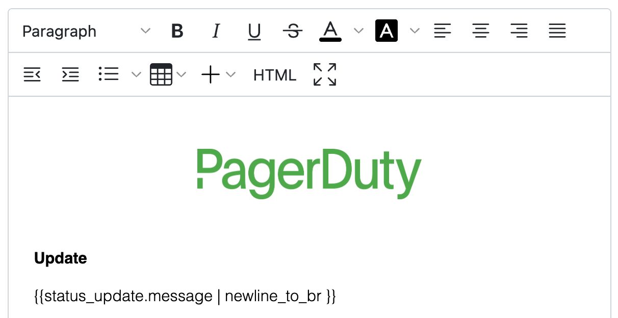 A screenshot of the PagerDuty web app showing the status update message field