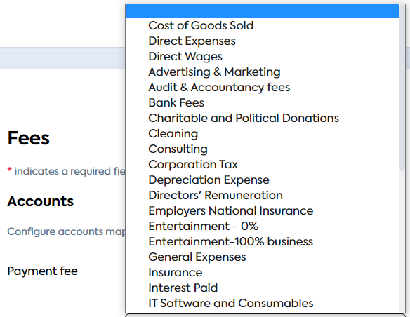 A dropdown list displaying nominal accounts that can be used to map **Payment fee refunds** (click to expand).