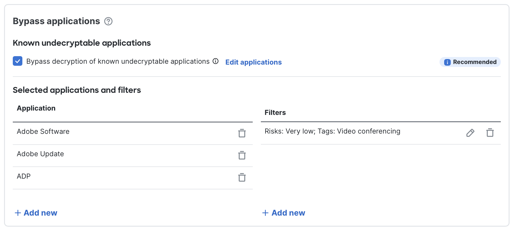 **Bypass applications** section