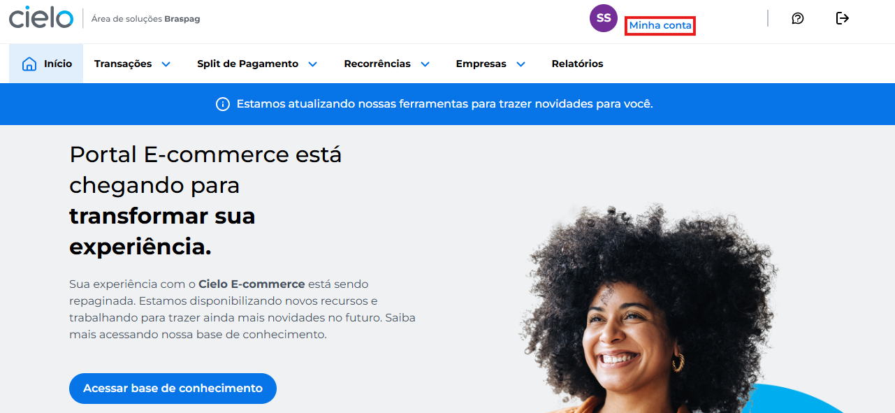 Texto de instrução exibindo um link para o Portal E-commerce e orientação para clicar na seção “Minha conta”.