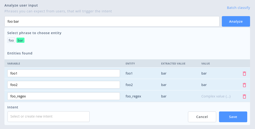 Returning all entities that match manual rules in Keyword and Regex entities