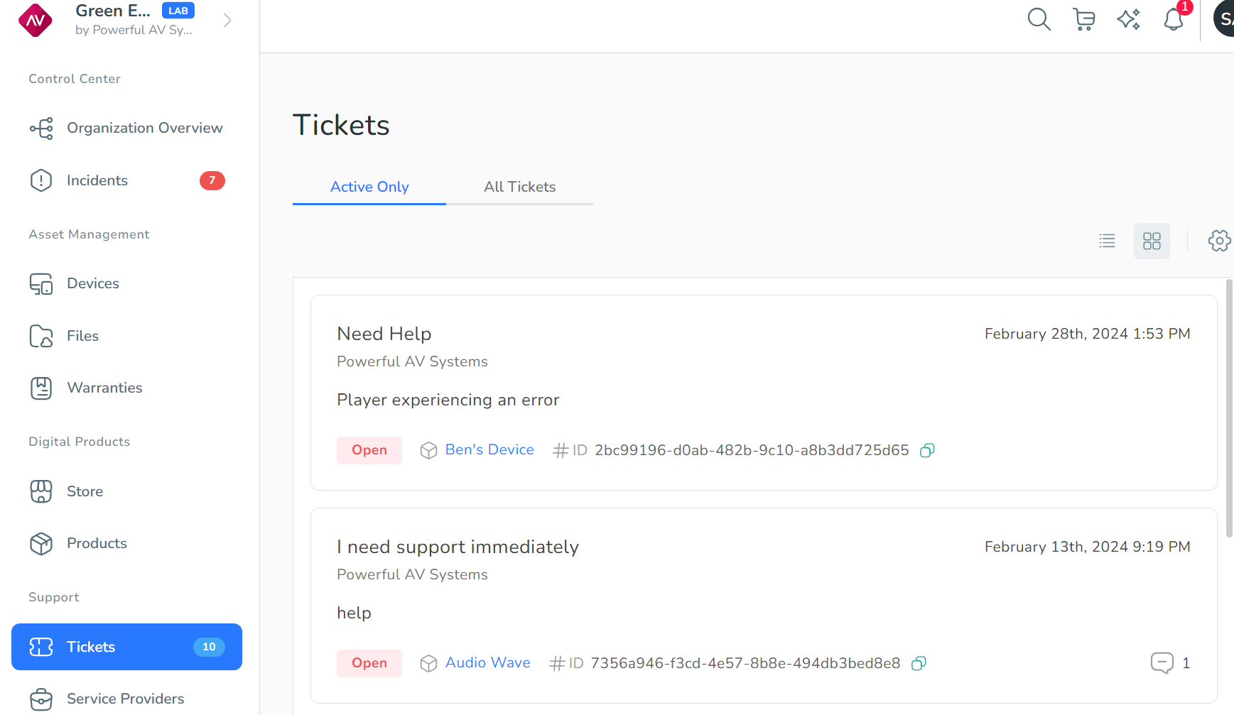 Tickets page.