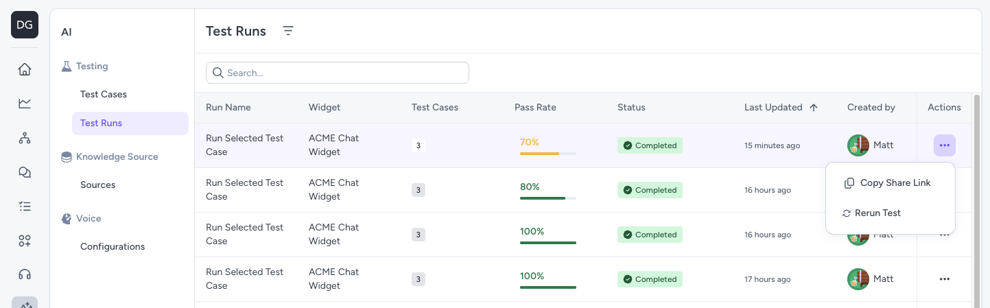 Test Runs row actions menu with Copy Share Link option