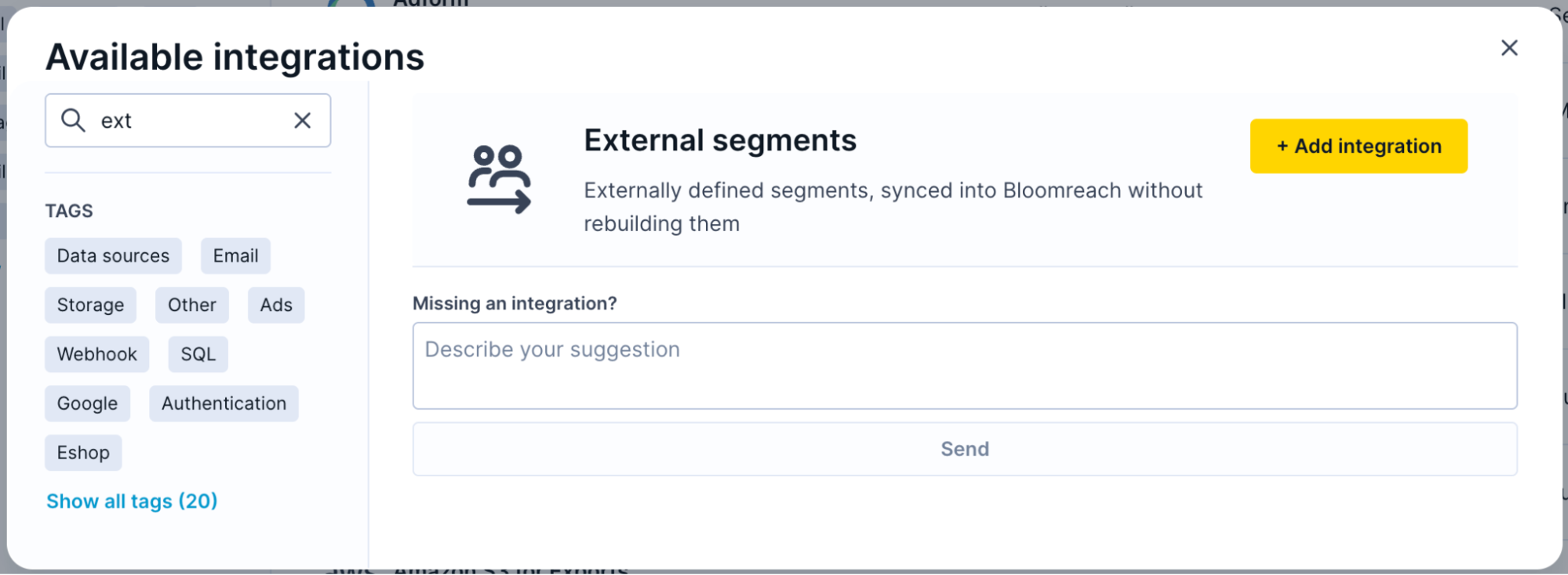 Add new integration menu with External segments option selected
