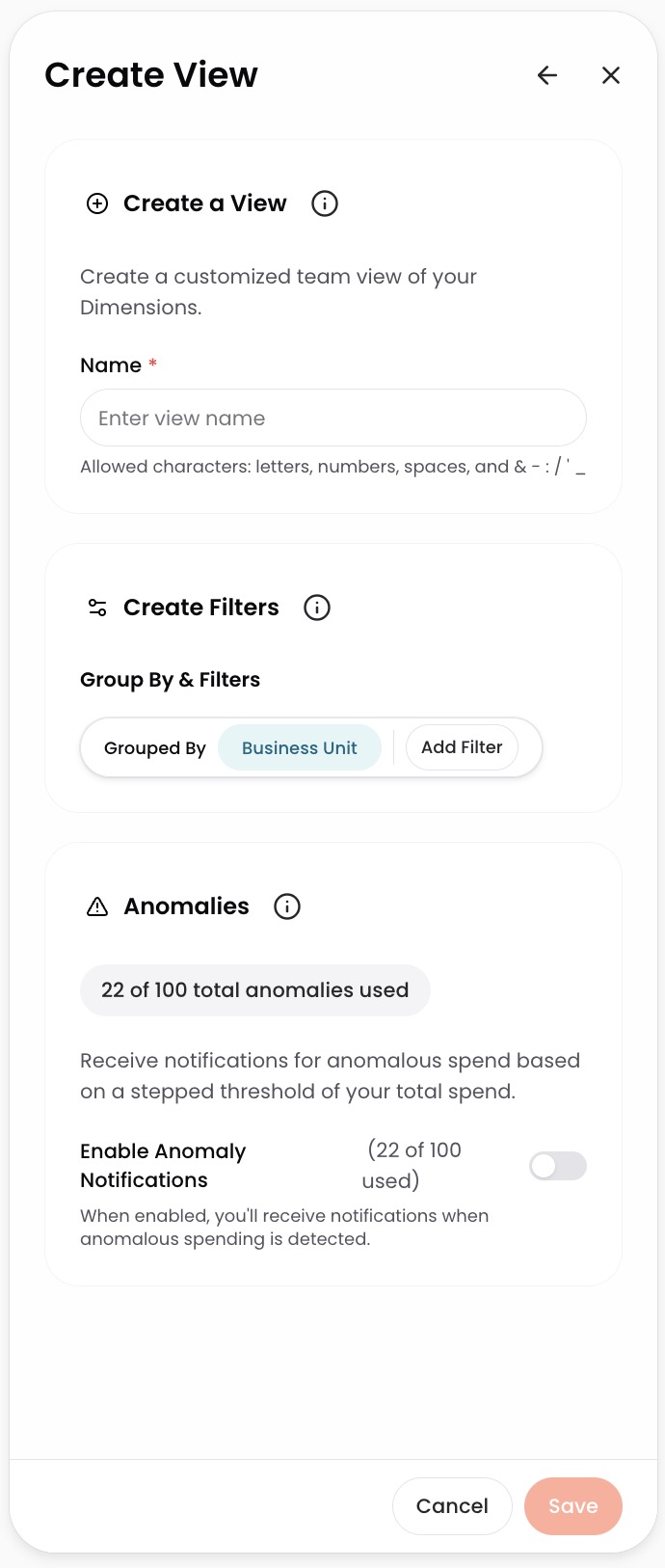 Create a View panel showing name, filters, grouping, and anomaly configuration