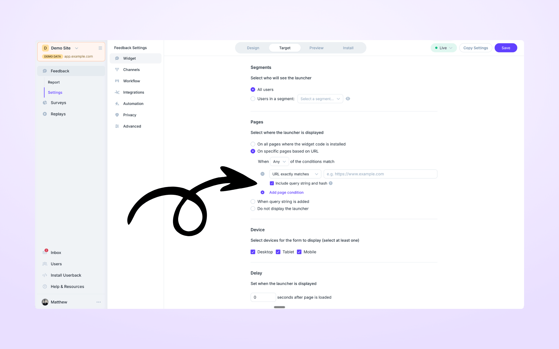 URL Targeting - Userback